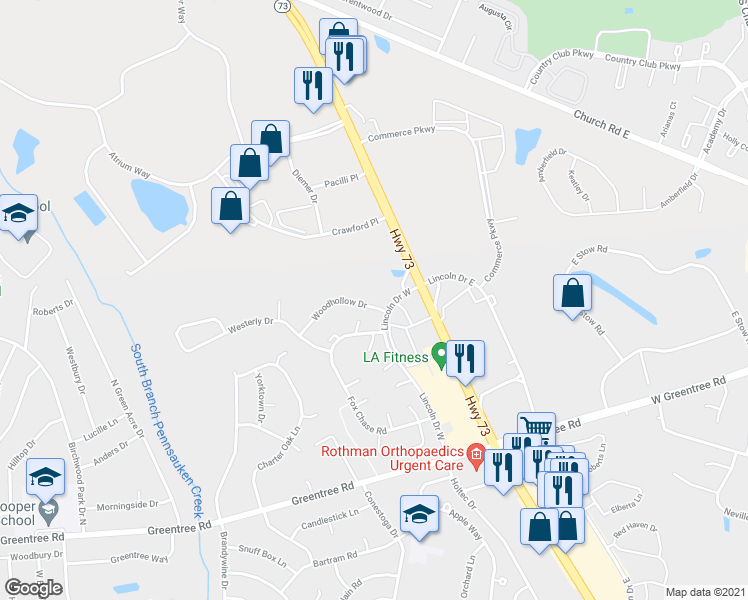map of restaurants, bars, coffee shops, grocery stores, and more near 303 Woodhollow Drive in Evesham