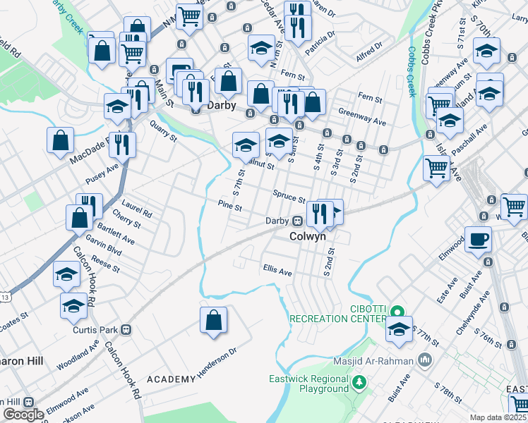 map of restaurants, bars, coffee shops, grocery stores, and more near 517 Pine Street in Darby