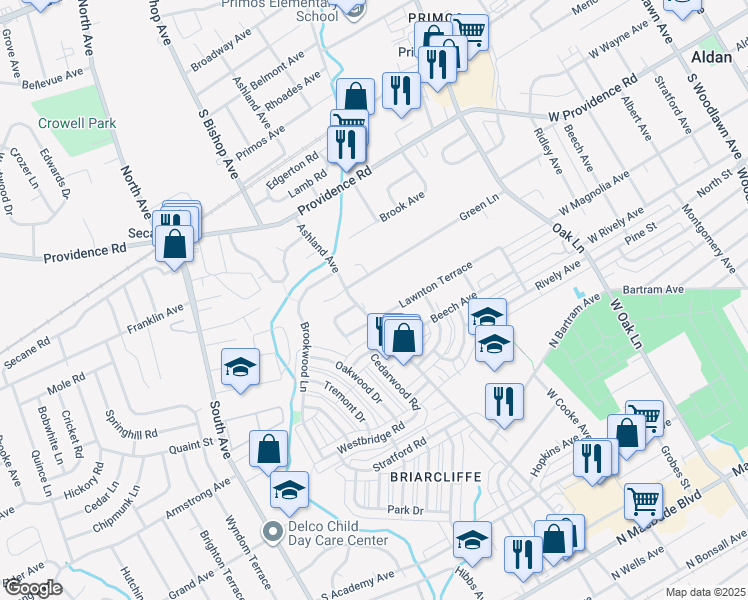 map of restaurants, bars, coffee shops, grocery stores, and more near 711 Ashland Avenue in Delaware County