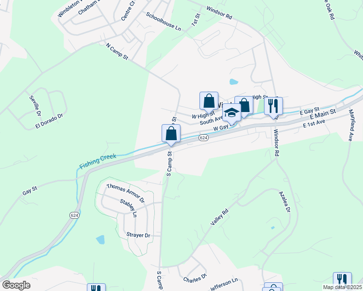 map of restaurants, bars, coffee shops, grocery stores, and more near 155 West Main Street in Windsor