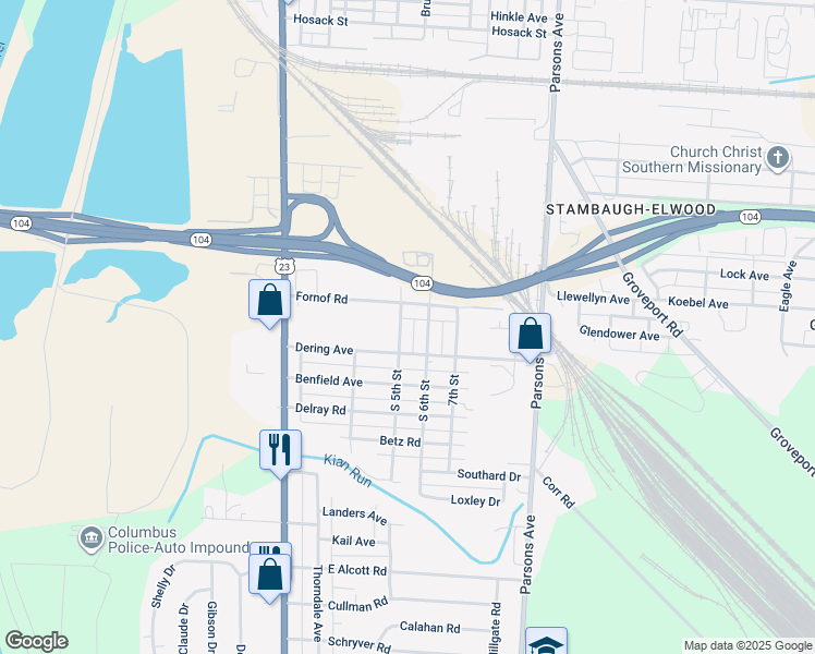 map of restaurants, bars, coffee shops, grocery stores, and more near 2366 South 5th Street in Columbus