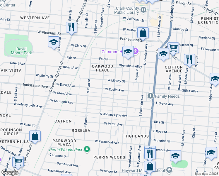 map of restaurants, bars, coffee shops, grocery stores, and more near 206 West Euclid Avenue in Springfield