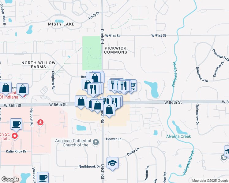map of restaurants, bars, coffee shops, grocery stores, and more near 1312 Old Town South Drive in Indianapolis
