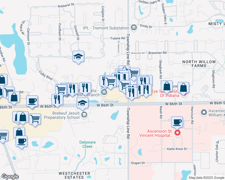 map of restaurants, bars, coffee shops, grocery stores, and more near 2550 Lake Cir Dr in Indianapolis