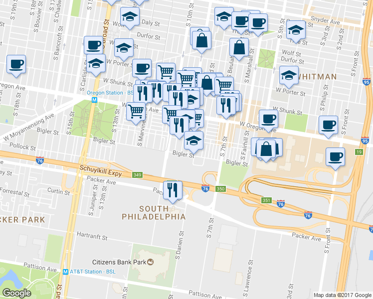 map of restaurants, bars, coffee shops, grocery stores, and more near 2834 South Mildred Street in Philadelphia