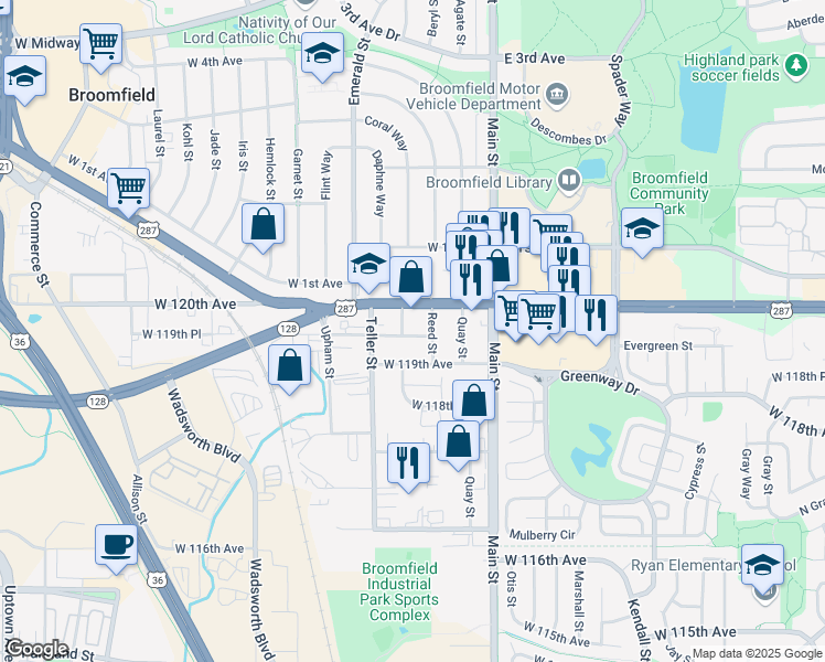map of restaurants, bars, coffee shops, grocery stores, and more near 7085 West 119th Place in Broomfield