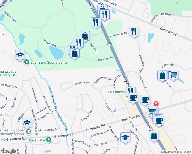 map of restaurants, bars, coffee shops, grocery stores, and more near 1516 Woodhollow Drive in Evesham