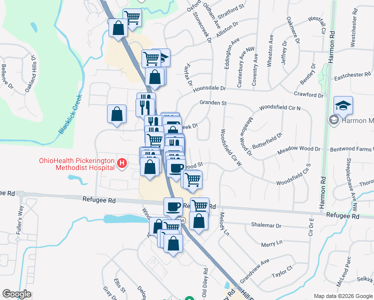 map of restaurants, bars, coffee shops, grocery stores, and more near 1181 Cambridge Way in Pickerington