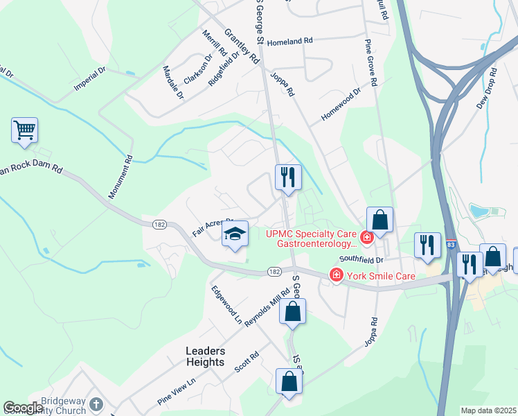 map of restaurants, bars, coffee shops, grocery stores, and more near 2400 Wildon Drive in York