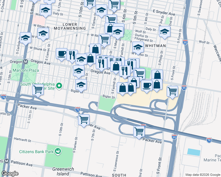 map of restaurants, bars, coffee shops, grocery stores, and more near 2813 South Marshall Street in Philadelphia