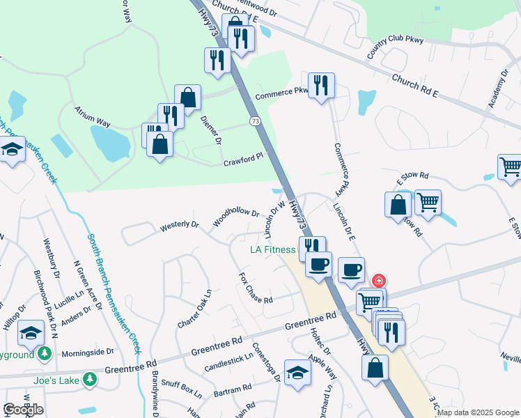 map of restaurants, bars, coffee shops, grocery stores, and more near 303 Woodhollow Drive in Evesham