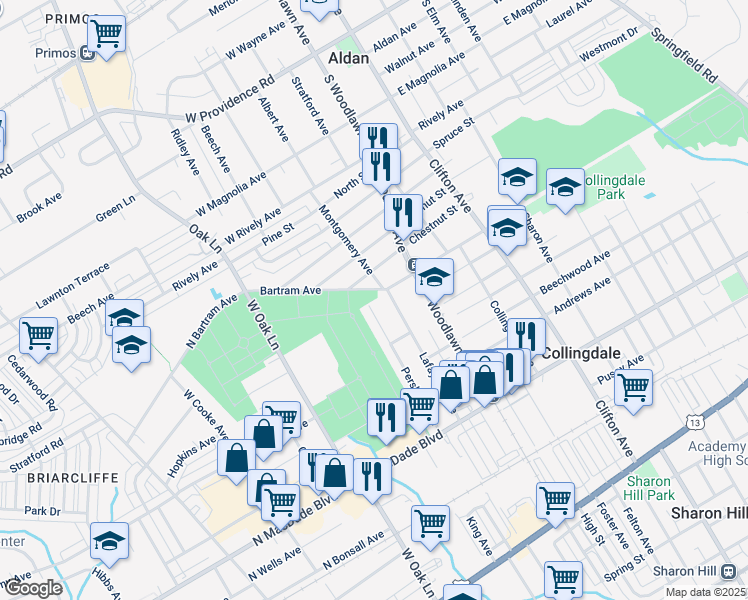 map of restaurants, bars, coffee shops, grocery stores, and more near 539 Pershing Avenue in Collingdale