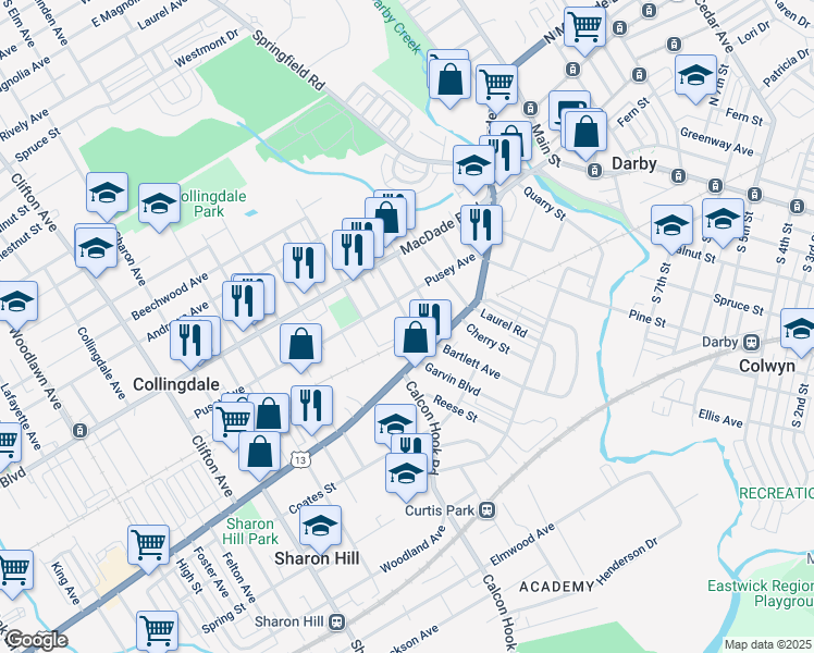 map of restaurants, bars, coffee shops, grocery stores, and more near 14 Rhodes Avenue in Collingdale