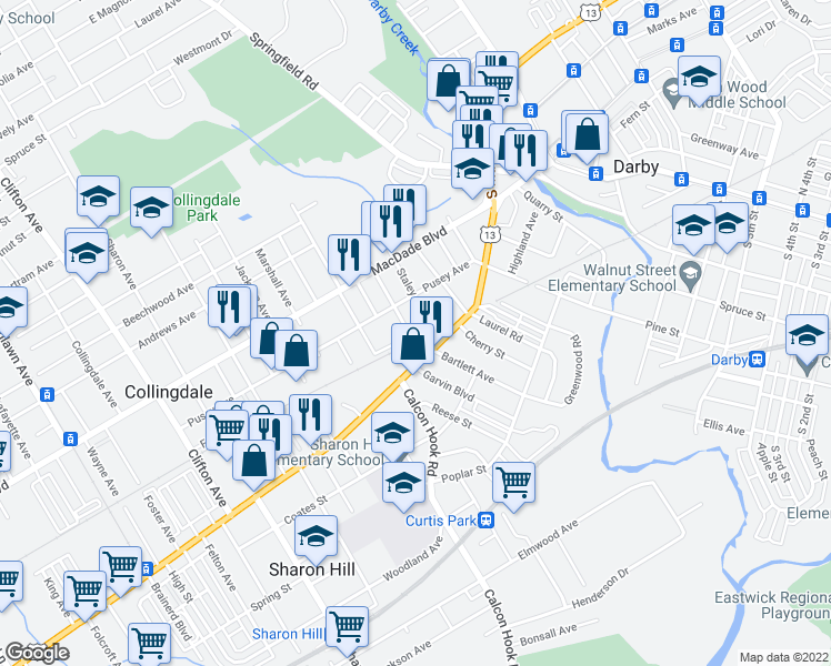 map of restaurants, bars, coffee shops, grocery stores, and more near 3 Rhodes Avenue in Collingdale