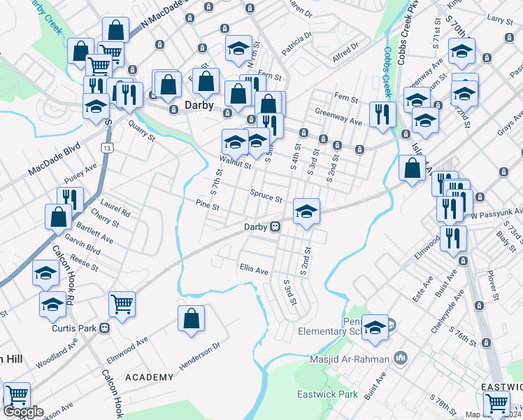 map of restaurants, bars, coffee shops, grocery stores, and more near 323 South 5th Street in Darby