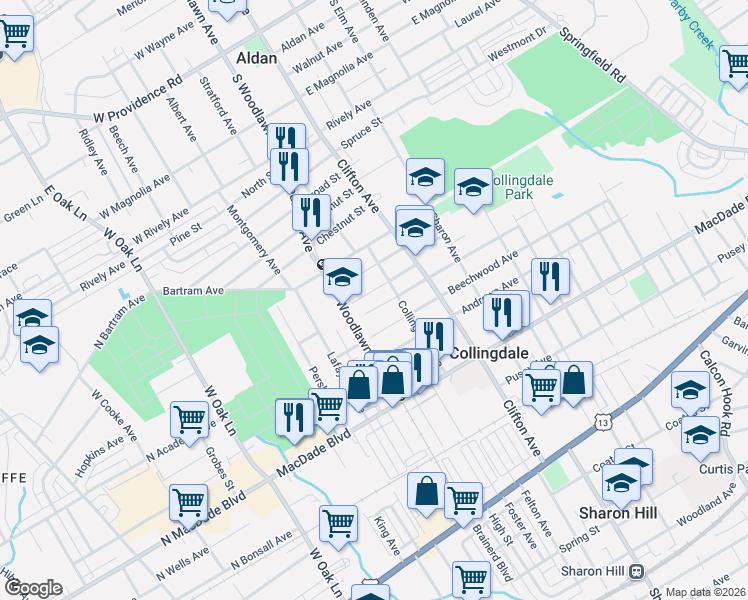 map of restaurants, bars, coffee shops, grocery stores, and more near 918 Bedford Avenue in Collingdale