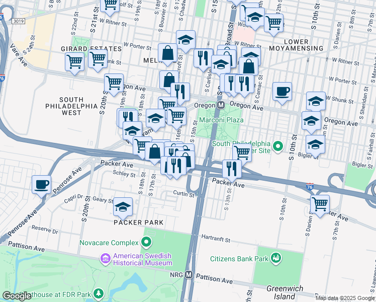 map of restaurants, bars, coffee shops, grocery stores, and more near 2942 South 15th Street in Philadelphia