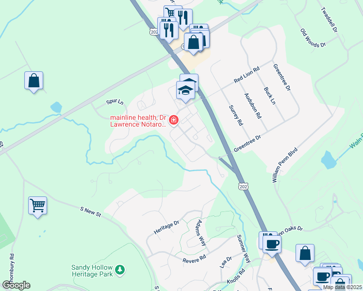 map of restaurants, bars, coffee shops, grocery stores, and more near 160 Chaps Lane in West Chester