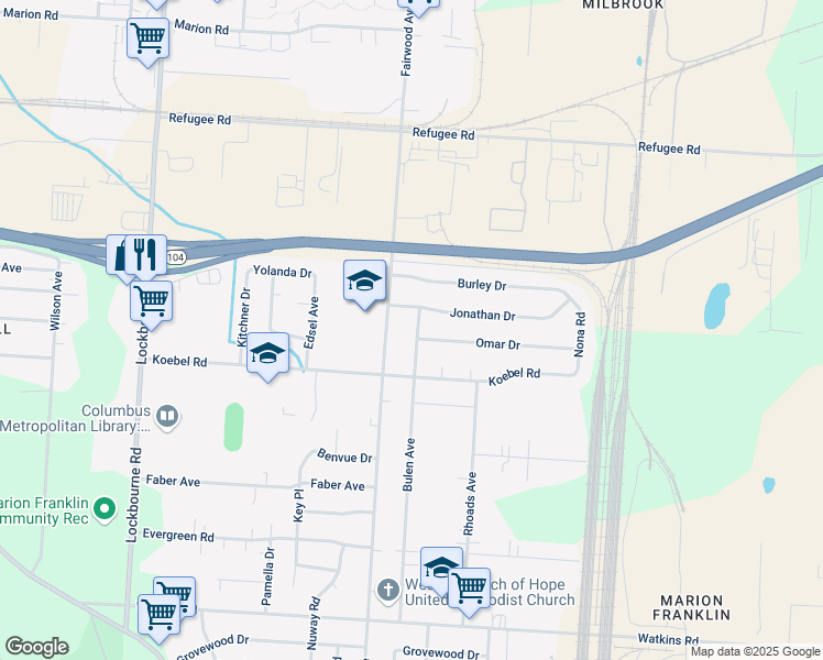 map of restaurants, bars, coffee shops, grocery stores, and more near 2551 Bulen Avenue in Columbus