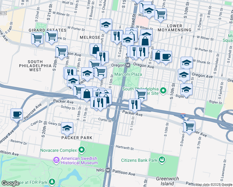 map of restaurants, bars, coffee shops, grocery stores, and more near 2928 South Broad Street in Philadelphia