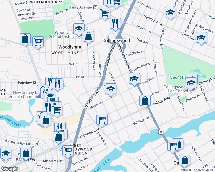 map of restaurants, bars, coffee shops, grocery stores, and more near 311 Comly Avenue in Collingswood