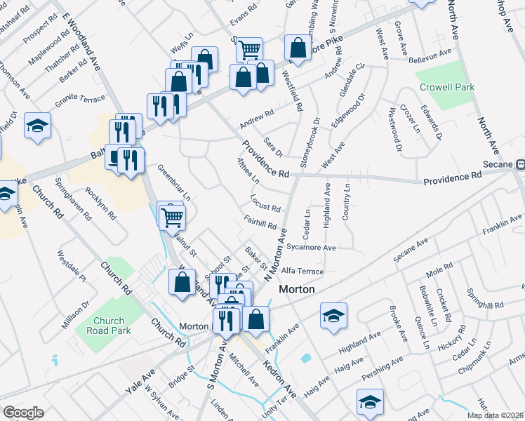 map of restaurants, bars, coffee shops, grocery stores, and more near 26 Locust Road in Morton