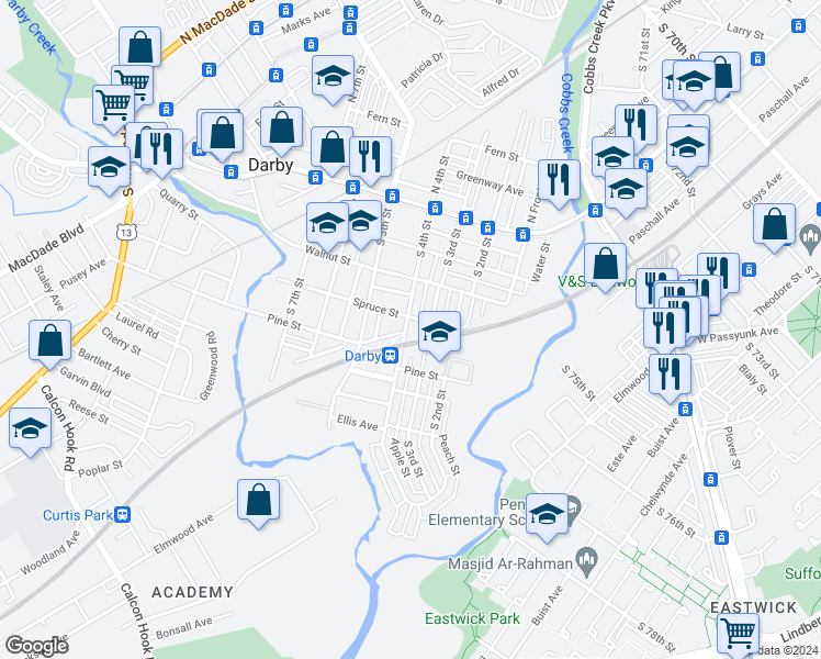 map of restaurants, bars, coffee shops, grocery stores, and more near 307 South 4th Street in Darby