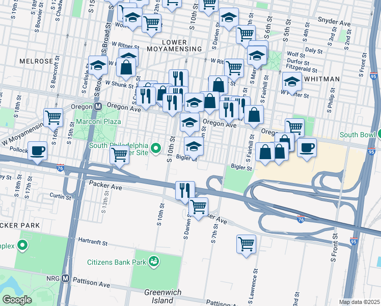 map of restaurants, bars, coffee shops, grocery stores, and more near 2834 South Mildred Street in Philadelphia
