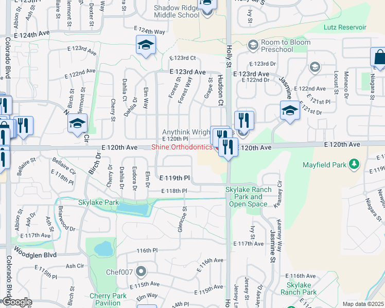 map of restaurants, bars, coffee shops, grocery stores, and more near 5321 East 119th Court in Thornton