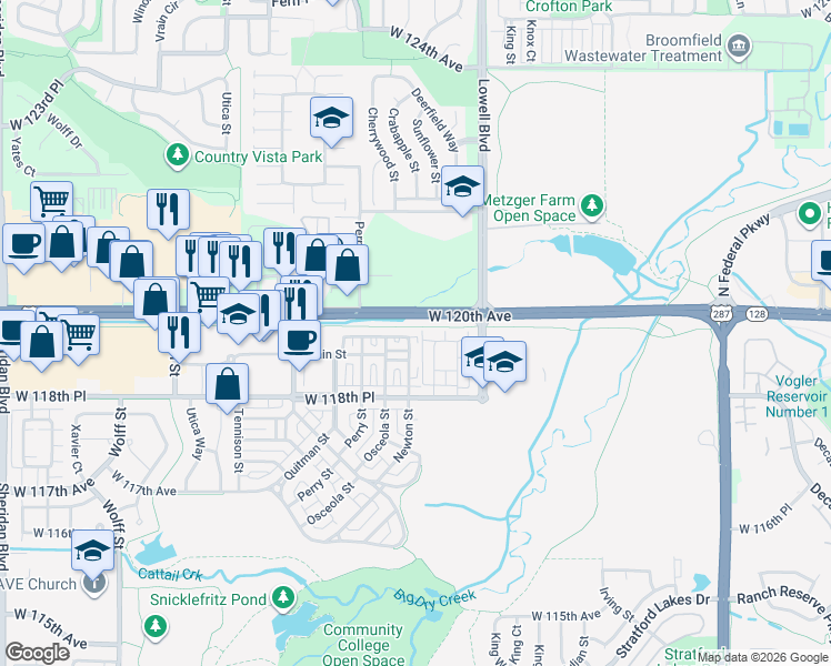 map of restaurants, bars, coffee shops, grocery stores, and more near 3867 West 119th Mews in Westminster