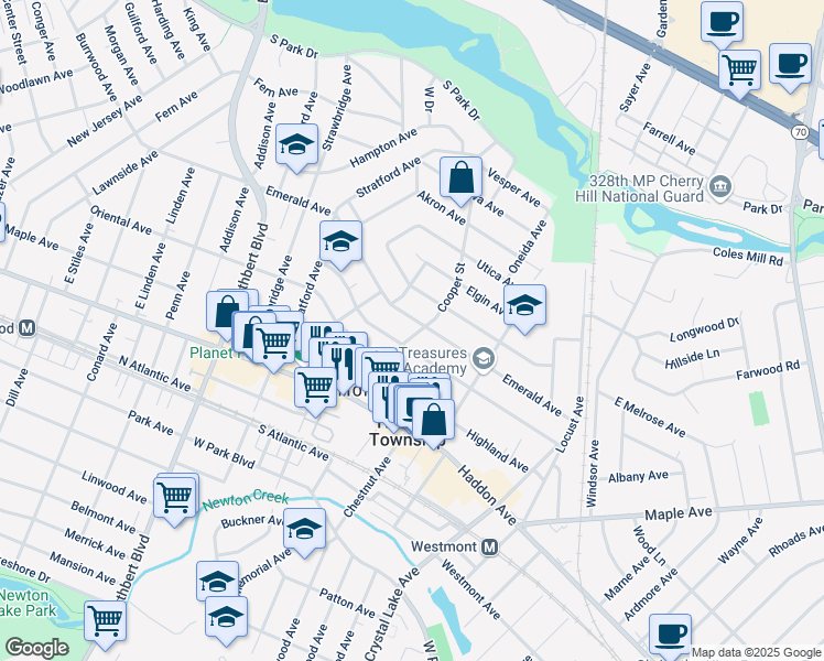 map of restaurants, bars, coffee shops, grocery stores, and more near 107 Cooper Avenue in Oaklyn