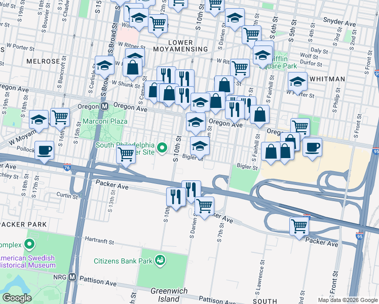 map of restaurants, bars, coffee shops, grocery stores, and more near 2836 South Mildred Street in Philadelphia