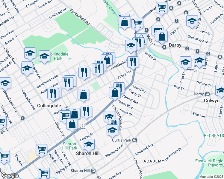 map of restaurants, bars, coffee shops, grocery stores, and more near 14 Rhodes Avenue in Collingdale