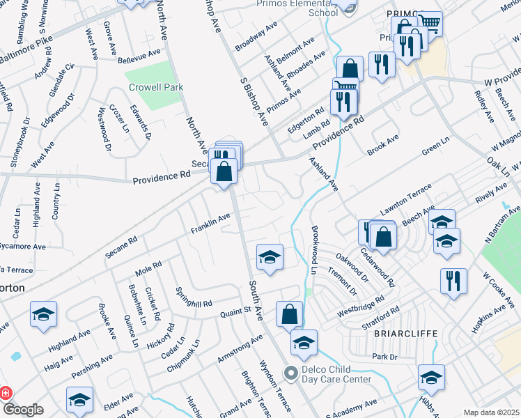 map of restaurants, bars, coffee shops, grocery stores, and more near 2910 Franklin Way in Delaware County