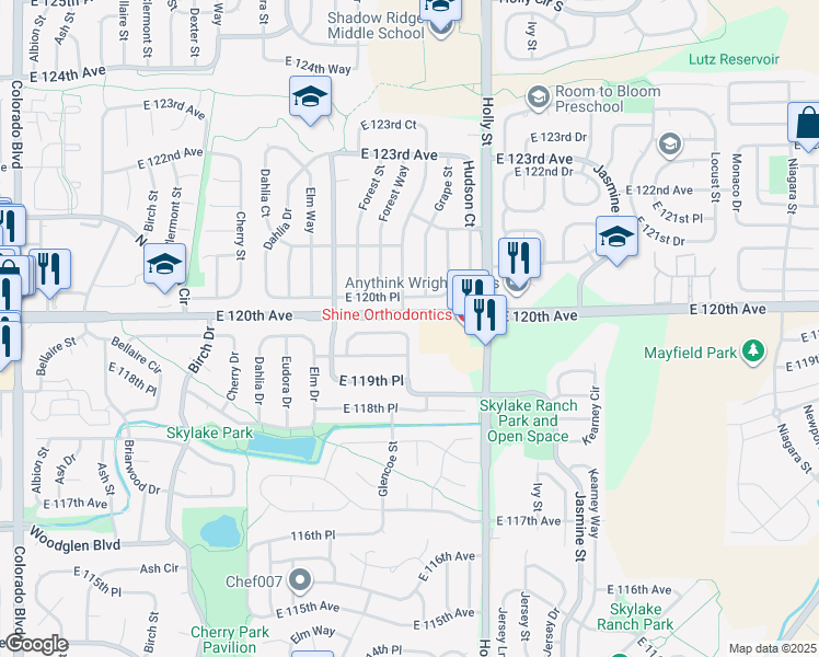 map of restaurants, bars, coffee shops, grocery stores, and more near 5321 East 119th Court in Thornton