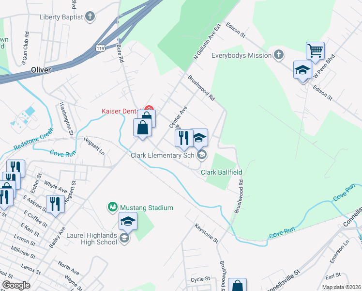 map of restaurants, bars, coffee shops, grocery stores, and more near 129 State St in Uniontown