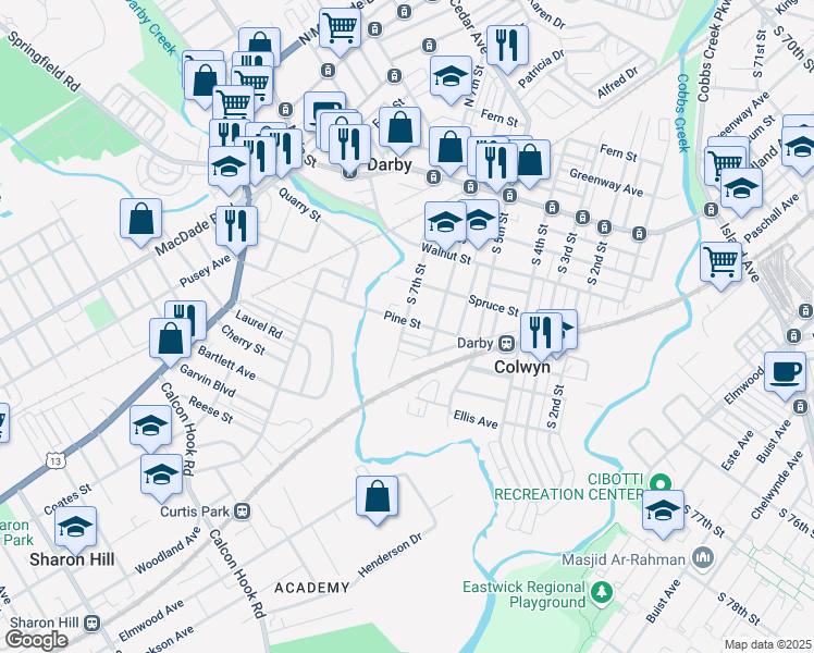 map of restaurants, bars, coffee shops, grocery stores, and more near 618 Pine Street in Darby