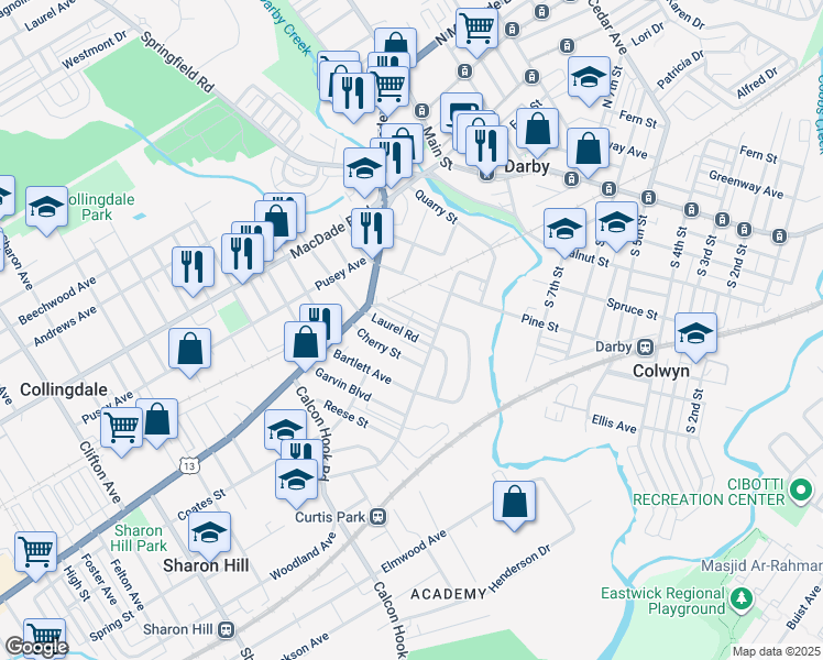 map of restaurants, bars, coffee shops, grocery stores, and more near 205 Laurel Road in Sharon Hill