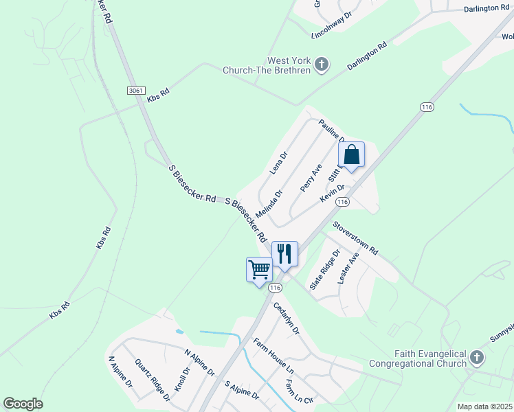 map of restaurants, bars, coffee shops, grocery stores, and more near 202 Lena Drive in York
