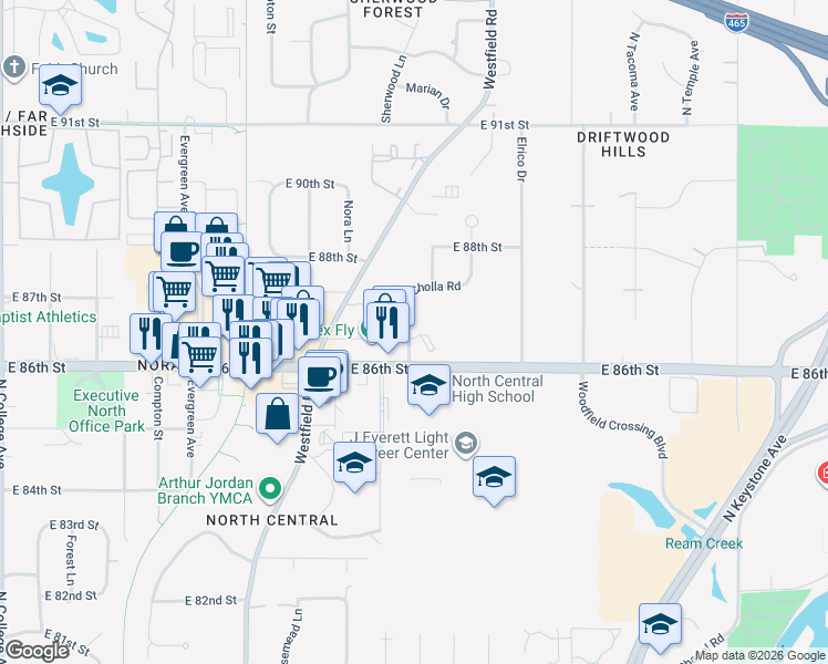 map of restaurants, bars, coffee shops, grocery stores, and more near 8607 Cholla Road in Indianapolis