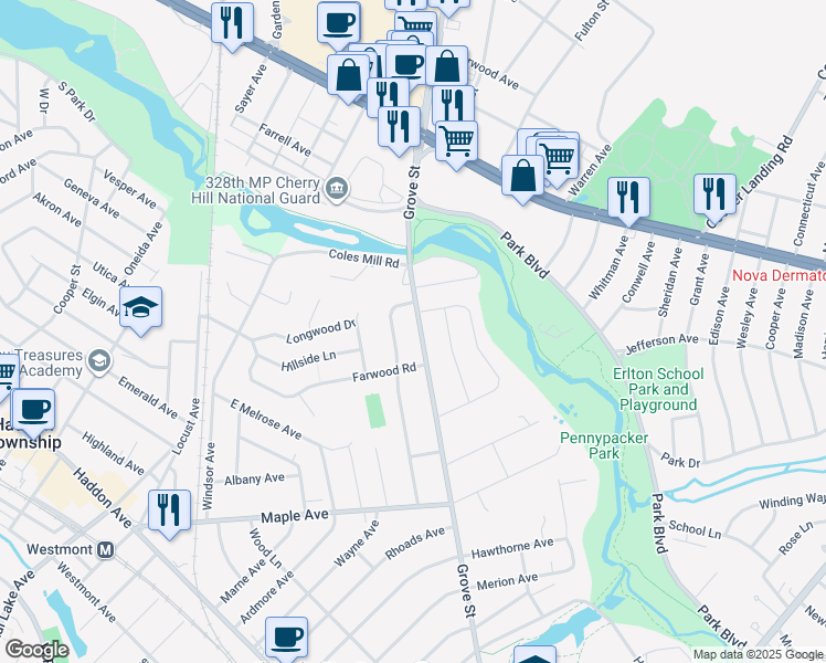map of restaurants, bars, coffee shops, grocery stores, and more near 828 Grove Street in Haddonfield