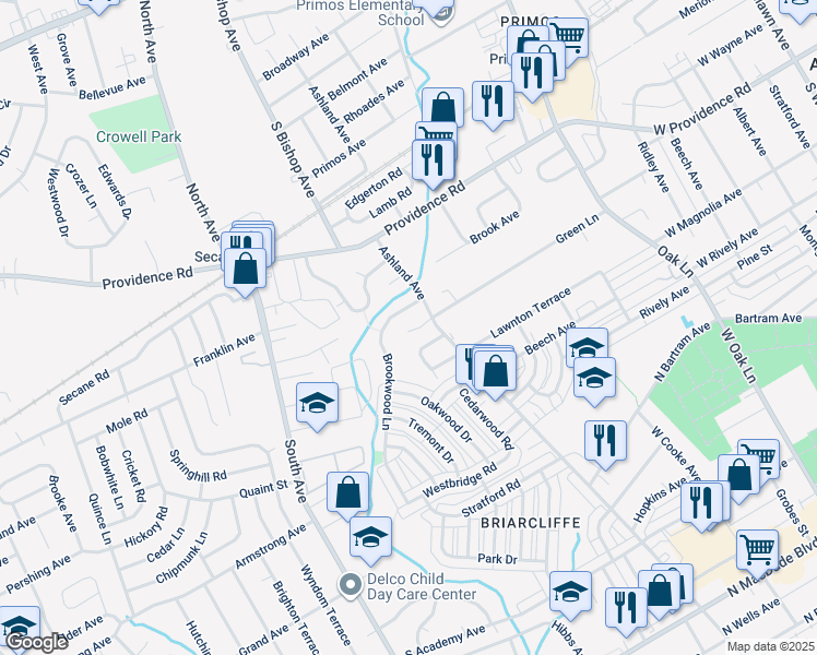 map of restaurants, bars, coffee shops, grocery stores, and more near 1274 Nicole Drive in Clifton Heights