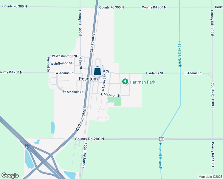 map of restaurants, bars, coffee shops, grocery stores, and more near 104 Walnut Street in Pesotum