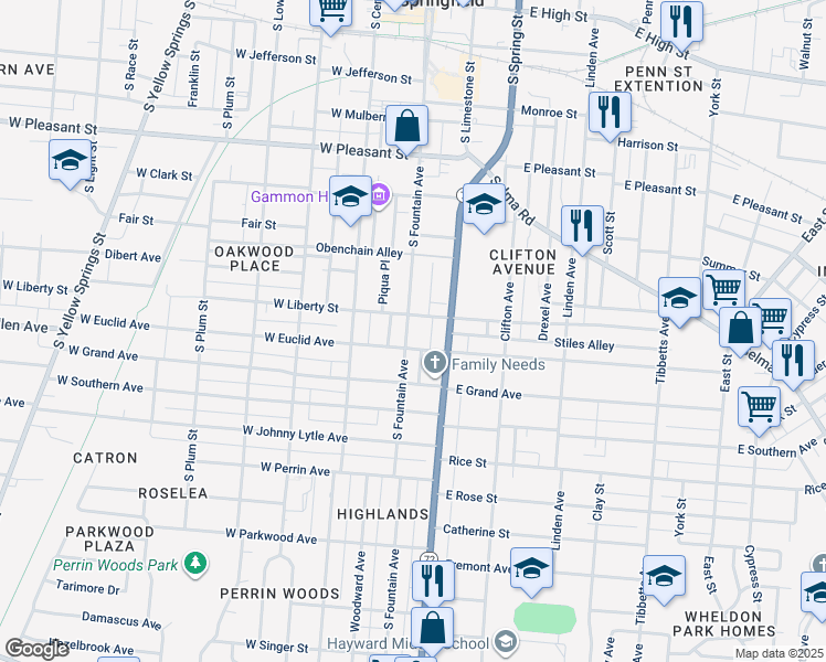 map of restaurants, bars, coffee shops, grocery stores, and more near 912 South Fountain Avenue in Springfield