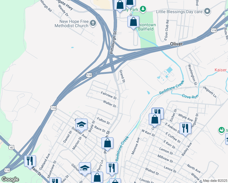 map of restaurants, bars, coffee shops, grocery stores, and more near 11 Short St in Uniontown
