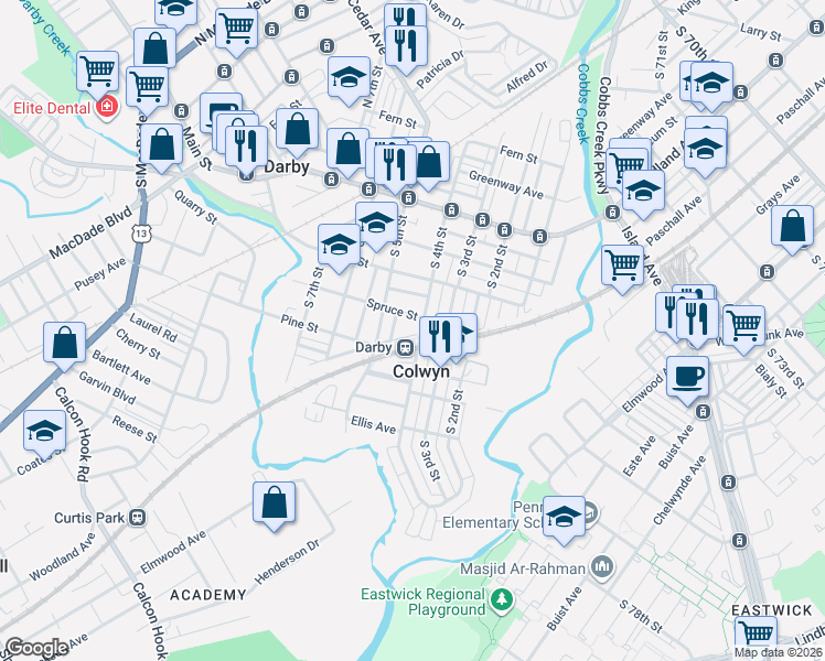 map of restaurants, bars, coffee shops, grocery stores, and more near 307 South 4th Street in Darby