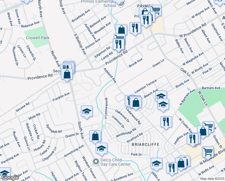 map of restaurants, bars, coffee shops, grocery stores, and more near 1256 Nicole Lane in Delaware County