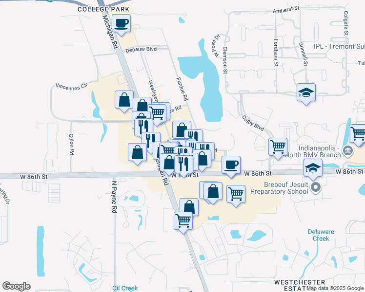 map of restaurants, bars, coffee shops, grocery stores, and more near 3520 Founders Road in Indianapolis