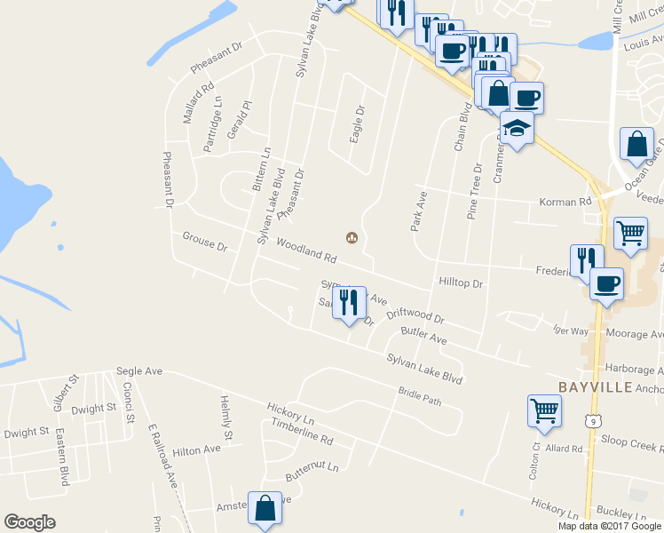 map of restaurants, bars, coffee shops, grocery stores, and more near 30 Woodland Road in Berkeley Township