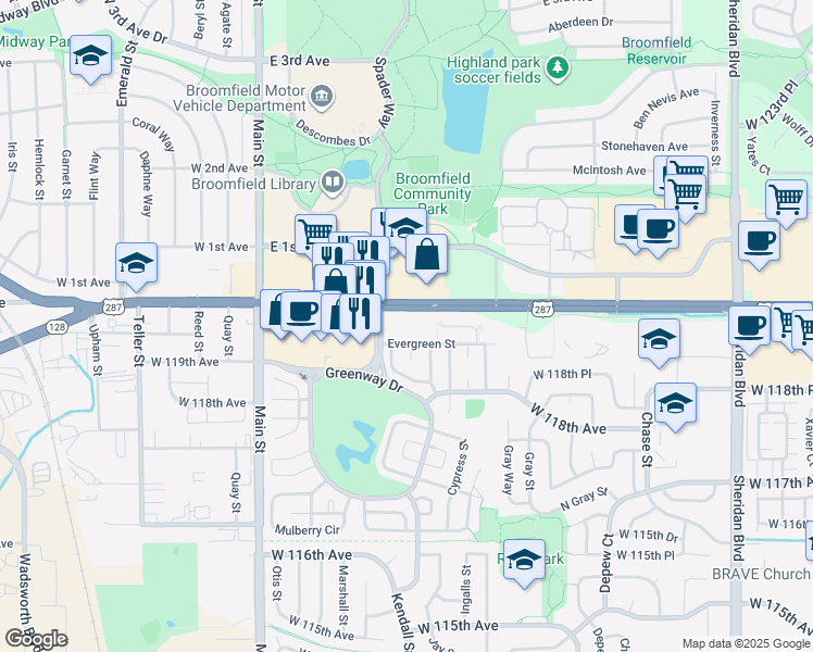 map of restaurants, bars, coffee shops, grocery stores, and more near 50 Evergreen Street in Broomfield